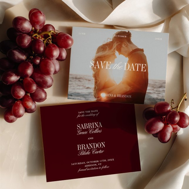 Elegante Foto Burgundy Save the Date Karte (Elegant Photo Burgundy Save the Date Card)