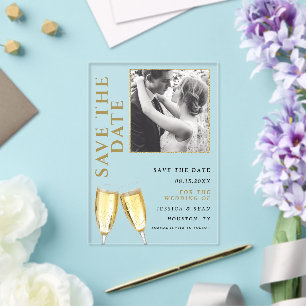 Elegante Foto-Champagner-Hochzeit Save The Date Acryleinladungen