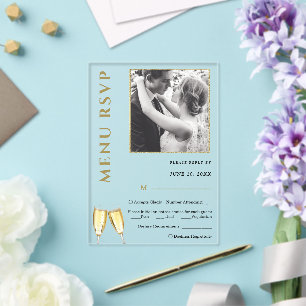 Elegante Foto Champagner Hochzeitsmenü RSVP Acryleinladungen