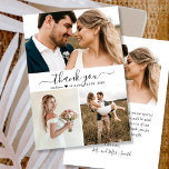 Elegante Foto Collage Wedding Dankeschön Card Dankeskarte<br><div class="desc">Elegante, moderne Hochzeitskalligrafie "Danke" 3 Foto Collage Card. Stilvolle Hochzeit danke Ihnen Karte Vorlage mit drei (3) Foto auf der Vorderseite und ein (1) Foto auf der Rückseite. Mit einem "Dankeschön"-Text in einer Wirblen Handschrift, die Typografie-Skript Schwanz Schriftart in schwarz auf weißem Hintergrund. Personalisieren Sie die Namen und danken Sie...</div>
