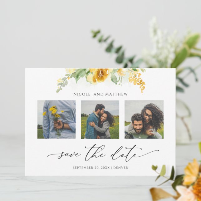 Elegante Foto Collage Yellow Floral Wedding Save The Date (Von Creator hochgeladen)