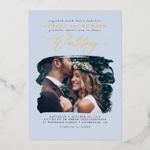 Elegante Foto-Overlay Staubblau Boho-Hochzeit Folieneinladung
