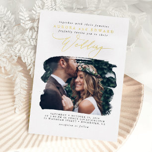Elegante Foto-Overlay Weiße Boho-Hochzeit Echt Folieneinladung