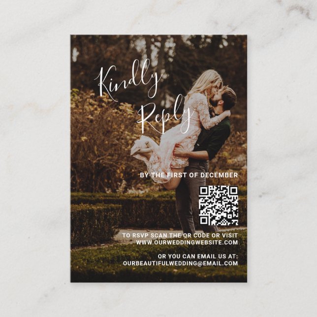 Elegante Foto QR Code Wedding Mini RSVP Karte (Vorderseite)