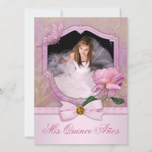 Elegante Foto Rosa Schmetterling Rose Quinceanera Einladung