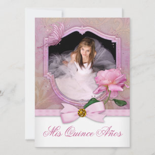 Elegante Foto Rosa Schmetterling Rose Quinceanera Einladung