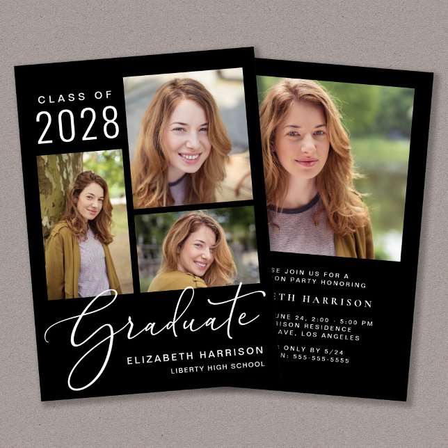 Elegante Foto Script Black Graduation Party Einladung (An elegant college graduation party invitation to celebrate the graduate's achievements)