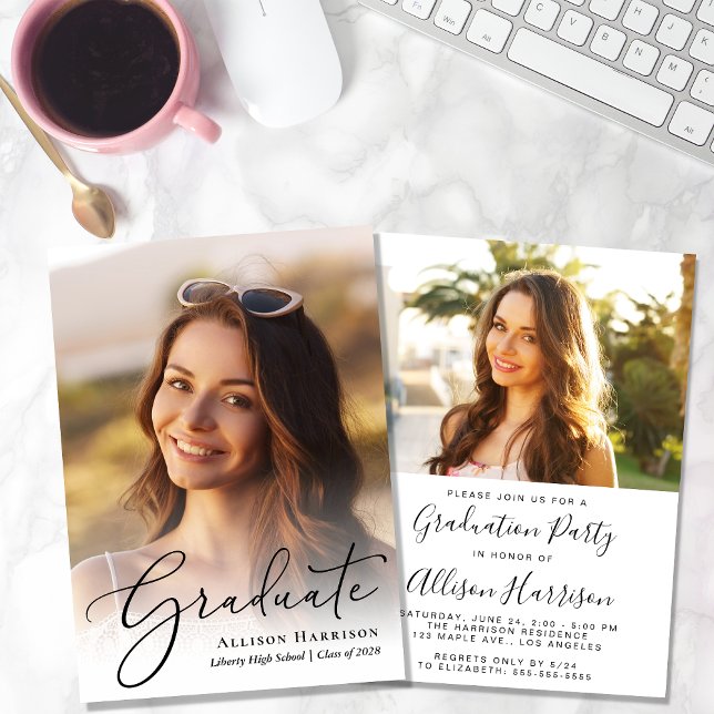 Elegante Foto Script Overlay Graduation Party Einladung (An elegant photo graduation party invitation to celebrate the graduate's achievements)