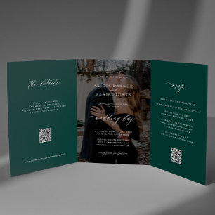 Elegante Foto Smaragdgrün Hochzeit RSVP Detail QR Dreifach Gefaltete Einladung