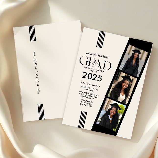 Elegante Foto Strip Graduation Party Einladung (Elegant 3 Photo Graduation Party Invitation)