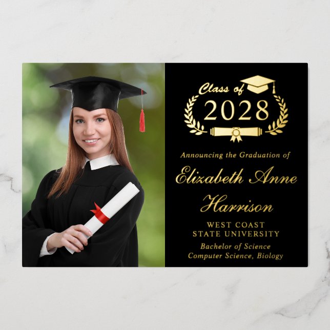 Elegante Foto Uni Black Graduation Party Folieneinladung (Vorderseite)