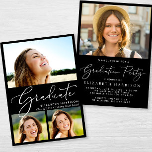Elegante Fotocollage Black Graduation Party Einladung