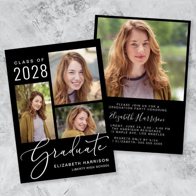 Elegante Fotocollage Black Graduation Party Einladung (An elegant photo collage graduation party invitation to celebrate the graduate's achievements)