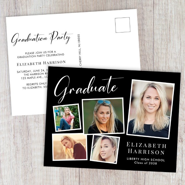 Elegante Fotocollage Black Graduation Party Einladungspostkarte (Elegant Photo Collage Black Graduation Party Invitation Postcard)