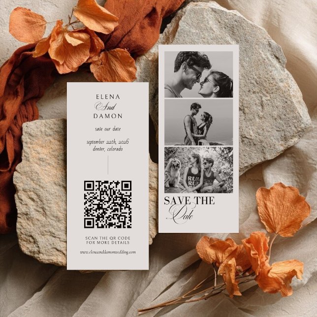 Elegante Fotostreifen-Kalligrafie mit QR-Code Save The Date (Von Creator hochgeladen)