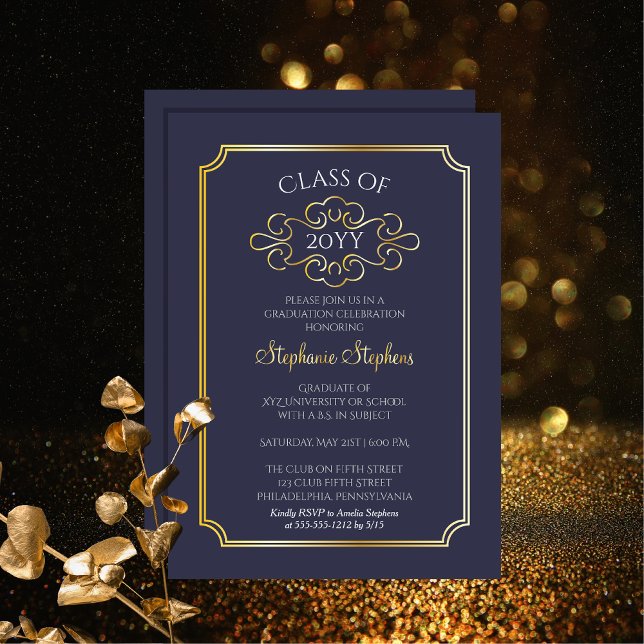 Elegante Frame Blue Uni-Abschluss Party Foil Folieneinladung (Elegant Frame Blue College Graduation Party Gold Foil Announcement and Party Invitation)