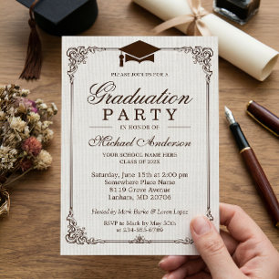 Elegante Frame Ivory Linen Graduation Party Einladung