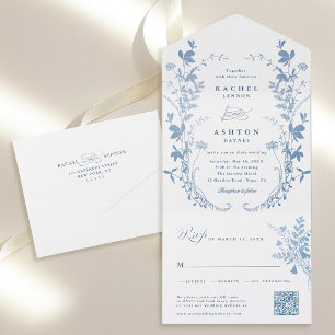 Elegante Französisch Blaue Botanische Hochzeit All In One Einladung