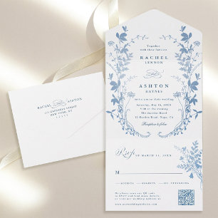 Elegante Französisch Blaue Botanische Hochzeit All In One Einladung