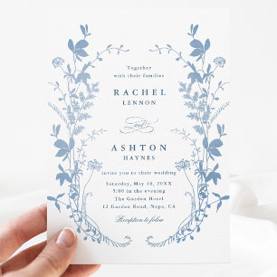 Elegante französische blaue botanische Hochzeitsei Einladung