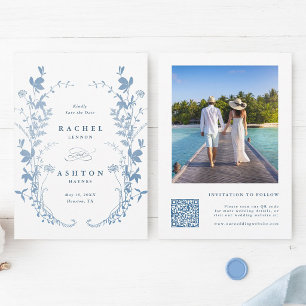 Elegante französische blaue botanische Hochzeitsfo Save The Date