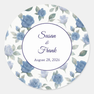 Elegante Französische Blaue Rose Aquarell Hochzeit Runder Aufkleber