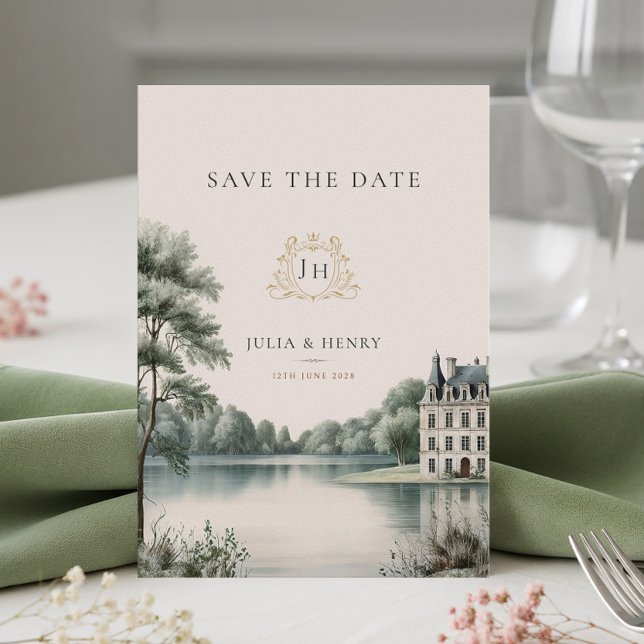 Elegante französische Château-Monogramm-Hochzeit  Save The Date (Von Creator hochgeladen)
