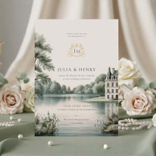 Elegante französische Château-Monogramm-Hochzeitse Einladung