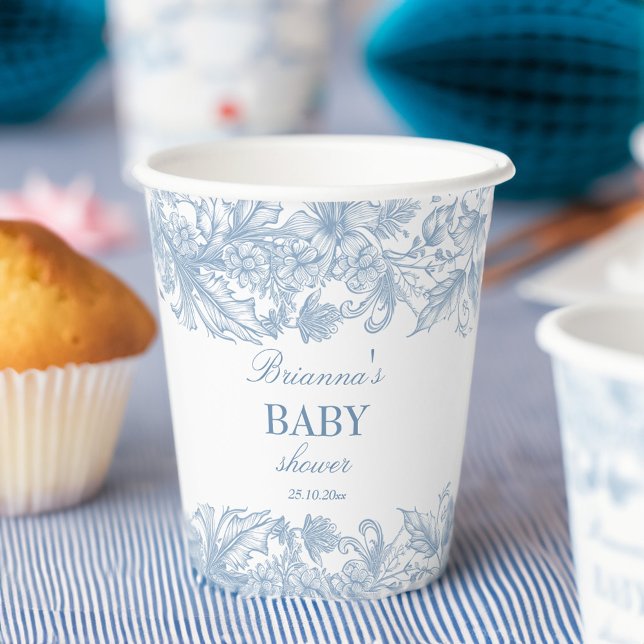Elegante französische Dusche in der Toilchinoiseri Pappbecher (Elegant French toile chinoiserie dusty blue baby shower personalized Paper Cups customized decor)
