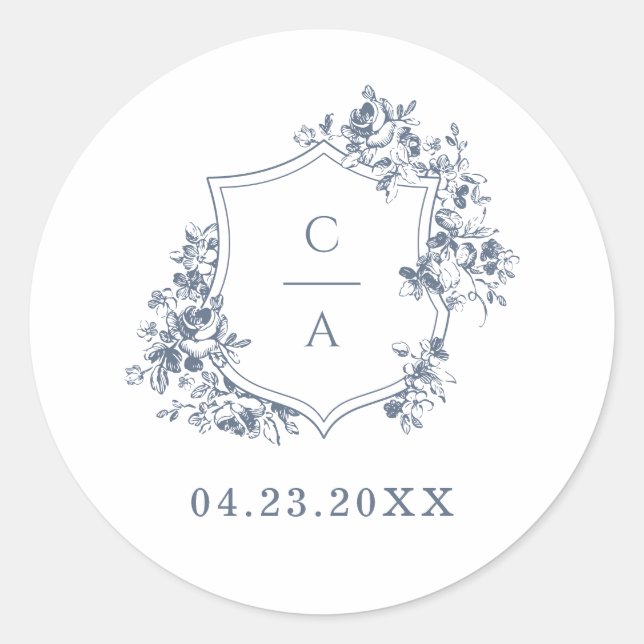Elegante französische Rose Blue Botanical Wappen E Runder Aufkleber (Vorderseite)