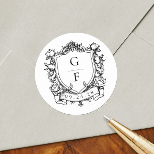 Elegante französische Rosen Monogrammwappen Hochze Runder Aufkleber