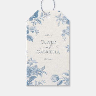 Elegante französische Toile Blau Floral Hochzeit Geschenkanhänger