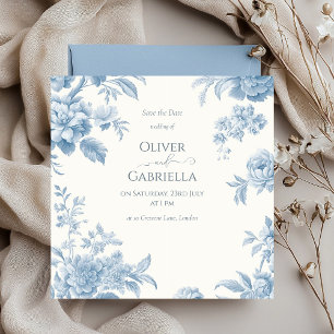 Elegante französische Toile Blaue Blumenehe Save The Date