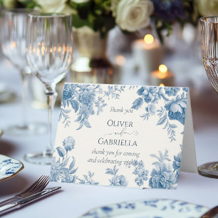 Elegante französische Toile Blaue Blumenhochzeit Dankeskarte