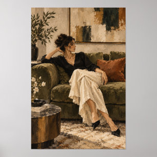 Elegante Frau auf Velvet-Sofa zeitgenössische Figu Poster