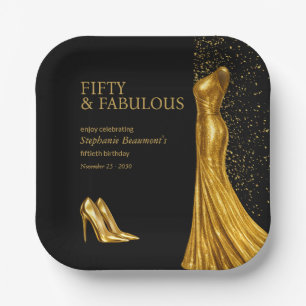 Elegante Frau Fabelhaftes Goldenes Kleid 50. Gebur Pappteller