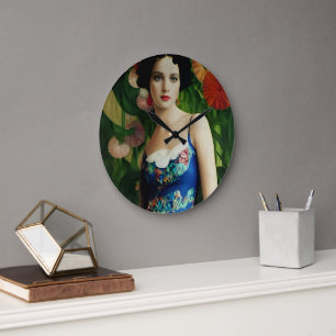 Elegante Frau im Art Deco Stil mit großen Blumen K Große Wanduhr