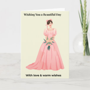 Elegante Frau im rosa Kleid hält Blumen Grüßend Karte