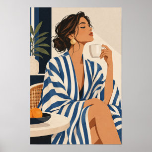 Elegante Frau in blauen Streifen mit Kaffee an der Poster