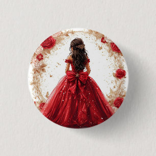 Elegante Frau in einem roten Kleid, umgeben von Ro Button
