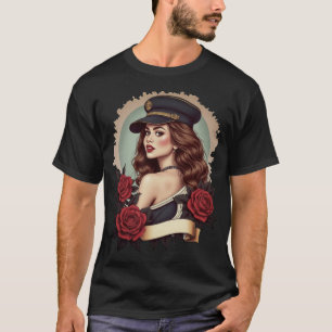 Elegante Frau in Militärhut mit Rosen – Surrealism T-Shirt