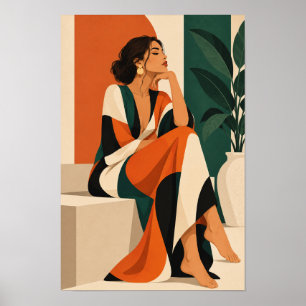 Elegante Frau in Orange und Grün Botanische Wand A Poster