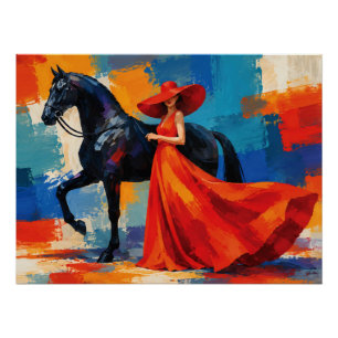 Elegante Frau in Rot mit schwarzem Pferd Poster