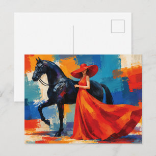 Elegante Frau in Rot mit schwarzem Pferd Postkarte