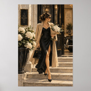 Elegante Frau in schwarzem Kleid Luxus-Mode Figura Poster