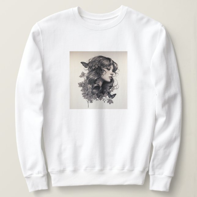 Elegante Frau mit Blume und Schmetterlingen für si Sweatshirt (Design vorne)
