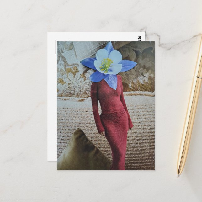 Elegante Frau mit Blumenkopf Collage Postkarte (Vorderseite/Rückseite Beispiel)