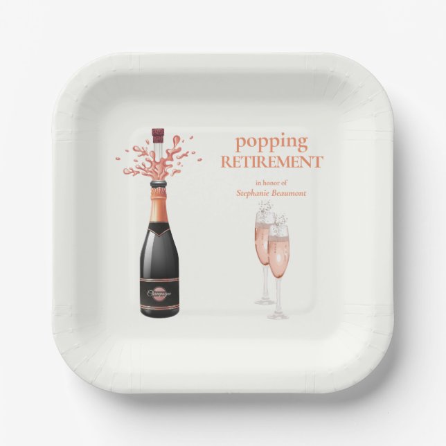Elegante Frau mit Champagner-Kurken-Rente Pappteller (Vorderseite)