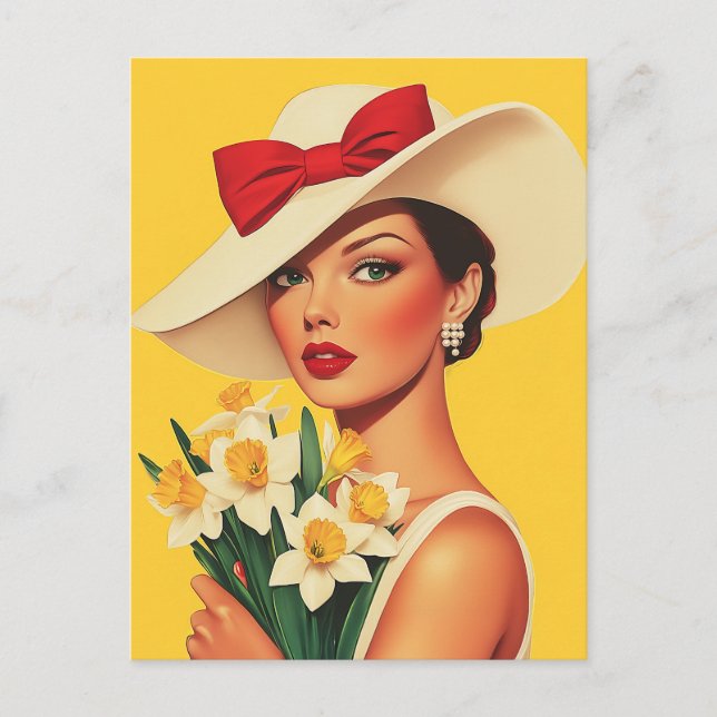 Elegante Frau mit Daffodien Postkarte (Vorderseite)