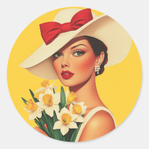Elegante Frau mit Daffodien Runder Aufkleber